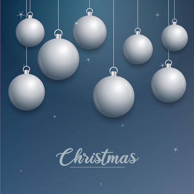 vector christmas banner with decorations merry christmas text silver ornaments on blue background vector illustration