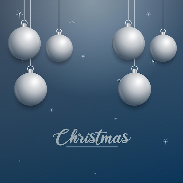 Vector Christmas banner with decorations Merry Christmas text silver ornaments on blue background Vector illustration