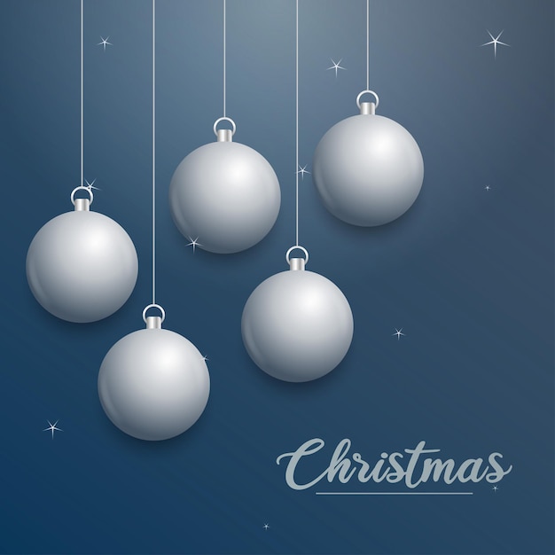 vector christmas banner with decorations merry christmas text silver ornaments on blue background vector illustration