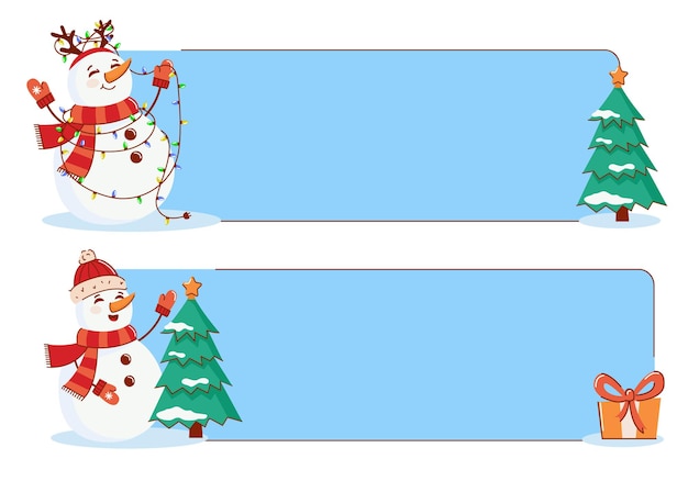 Vector Christmas banner with a snowman a Christmas tree and gift Happy New Year and Merry Christmas