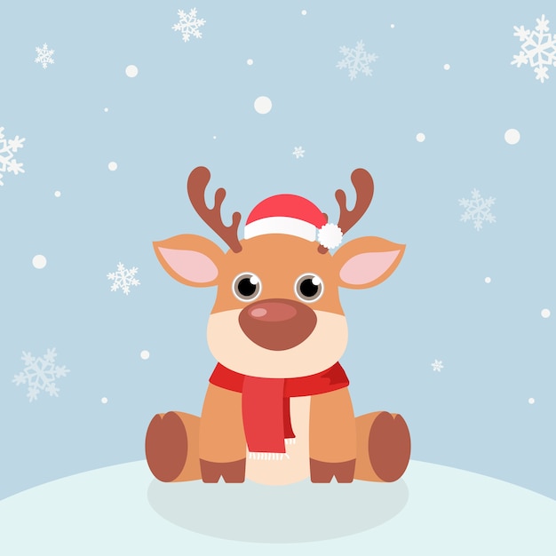 Рождественская открытка вектора. Снег с оленями в новогодних шапках, зимний головной убор.