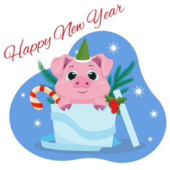 Cartolina di natale vettoriale con un maiale carino in una confezione regalo con giocattoli e dolci