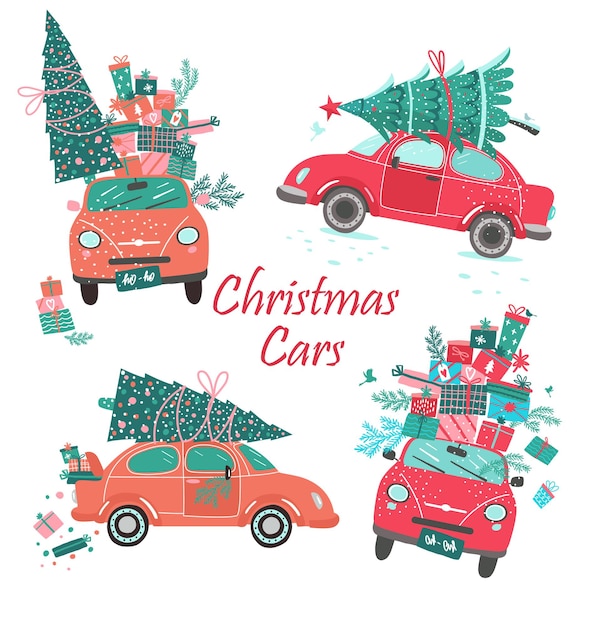 Vector christmas cars set met boom en geschenken.