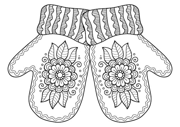 Vector christmas coloring page for adults. Knitted mittens