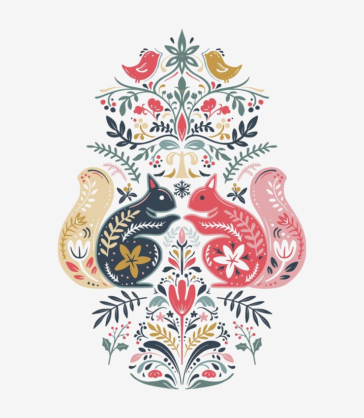 Vector vector christmas composition with hand drawn holiday elements snowflakes scandinavian folk ornament