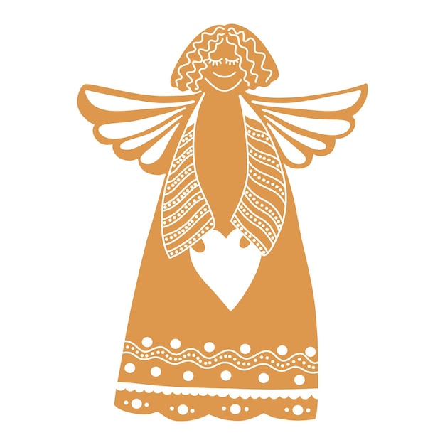 Vector Christmas gingerbread in the form of an angel with a heart on a white background