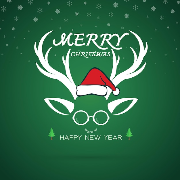 Vector of christmas greeting card Antler and santa hat and eyeglasses Merry Christmas lettering
