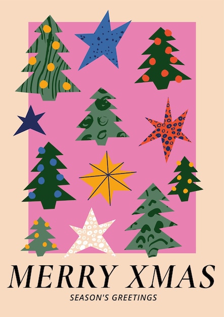 Vector christmas greetings art poster with different traditional decoration in contemporary modern trendy style