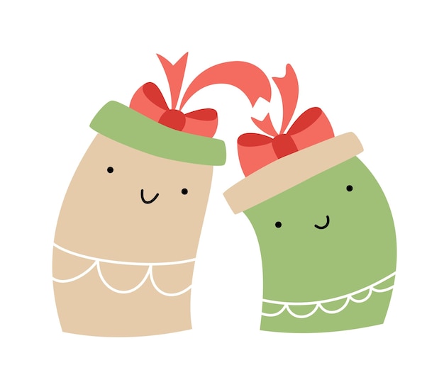 Vector christmas illustration couple of happy love smilling gift boxes Pair cute patterned elements