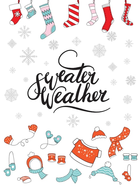 Vector christmas illustration with socks for presents and clothes isolated on white. vector illustration.