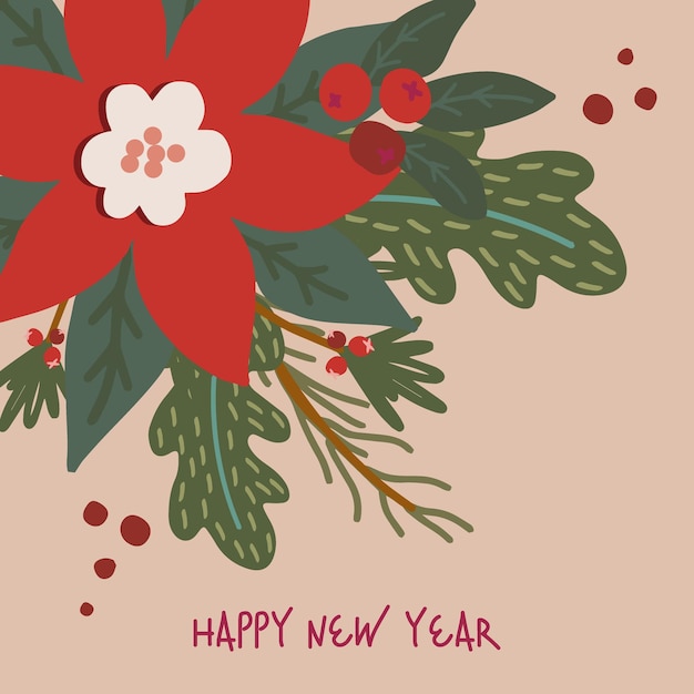 Vector vector christmas and new year card poinsettia holly fir branch new year symbols