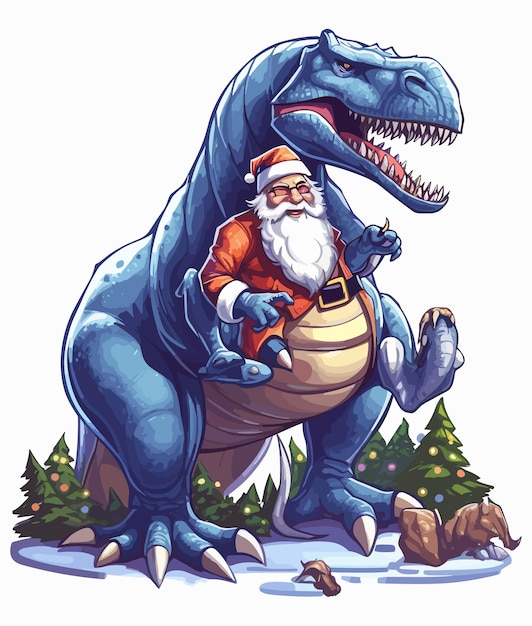 Vector christmas santa claus is sitting on dinosaur