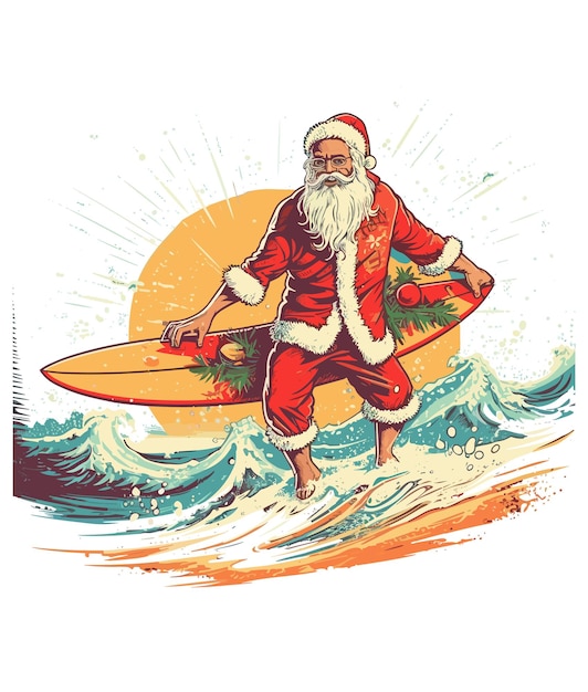 Vector christmas santa claus summer surfing