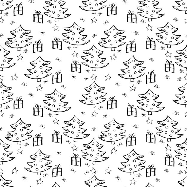 Vector Christmas seamless pattern with hand drawn doodles elements Black and white illustration