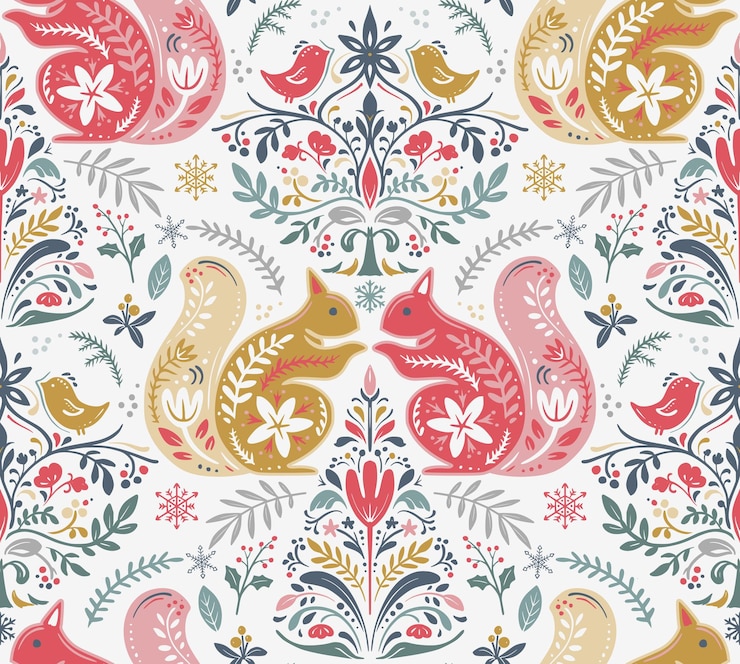 Vector vector christmas seamless pattern with hand drawn scandinavian folk ornament animals decorations vector endless background of new year symbols in modern graphic style