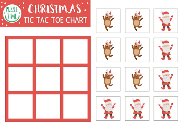 Vector christmas tic tac toe chart with cute deer and santa claus winter board game playing field