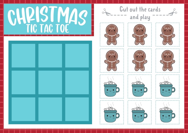 Vector Christmas tic tac toe chart with gingerbread and hot cacao New Year board game playing field with cute kawaii characters Funny winter holiday printable worksheet Noughts and crosses grid