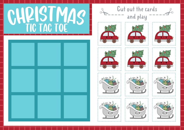 Vector Christmas tic tac toe chart with sledge car fir tree New Year board game playing field with cute kawaii characters Funny winter holiday printable worksheet Noughts and crosses grid