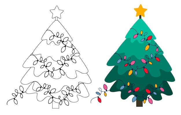 Vector Christmas tree coloring page colored illustration