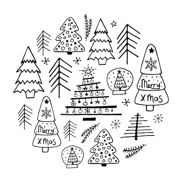 Vector christmas trees in doodle style, christmas card