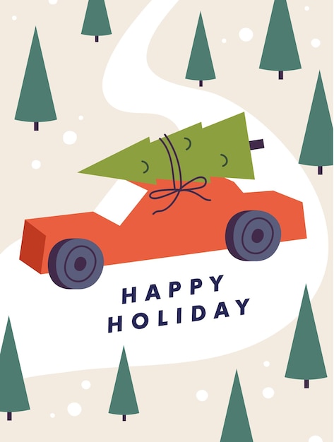 Vector christmas wenskaart met rode auto en kerstboom op het dak xmas background