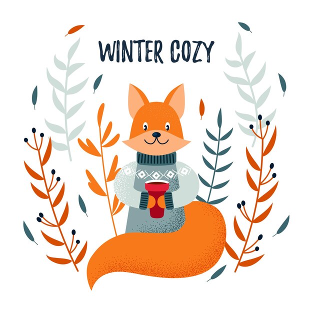 Vector christmas  winter card with a cute fox