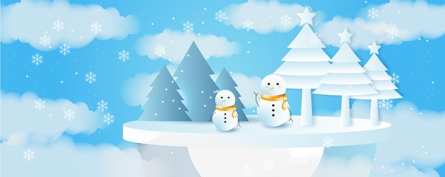 3D 스타일의 나무, 집, 눈사람, 별, 사슴, 눈이 있는 벡터 크리스마스 겨울 풍경. 3D 연단과 축제 계층화 된 배경입니다. 크리스마스 또는 새해 디스플레이 제품 판매 배너