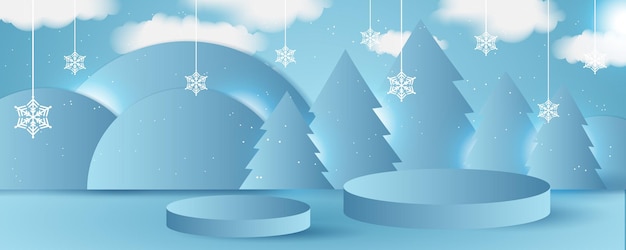 Vector christmas winter landscape with trees, houses, snowman, stars, deers and snow in 3d style. festive layered background with 3d podium. christmas or new year display product sale banner