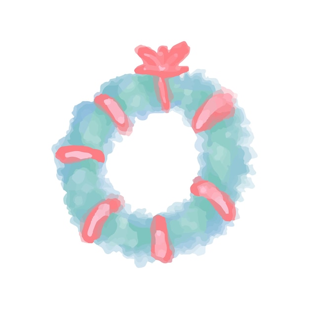 Vector Christmas wreath on transparent background painted in watercolor with red ribbon.