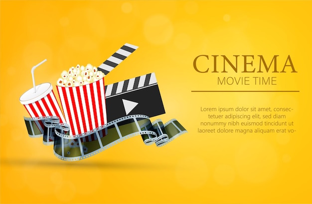 Vector cinema 3d movie background with popcorn and vintage film.  Cinema movie yellow background.