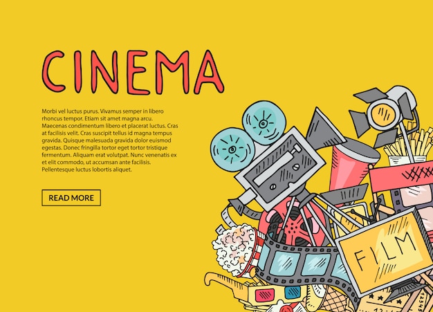 Vector cinema doodle samenstelling op gele achtergrond met tekstsjabloon