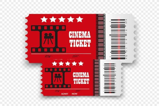 Biglietti del cinema vettoriale isolati su sfondo trasparente. biglietto d'ingresso al cinema realistico.