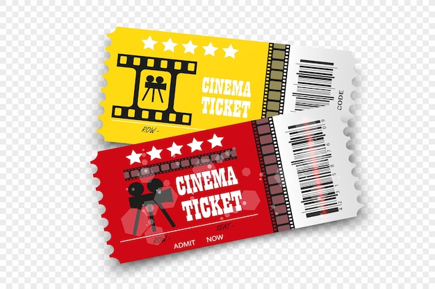 Vettore biglietti del cinema vettoriale isolati su sfondo trasparente biglietto d'ingresso al cinema realistico