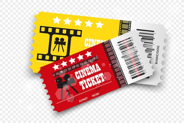 Vector cinema tickets isolated on transparent background Realistic cinema entrance ticket