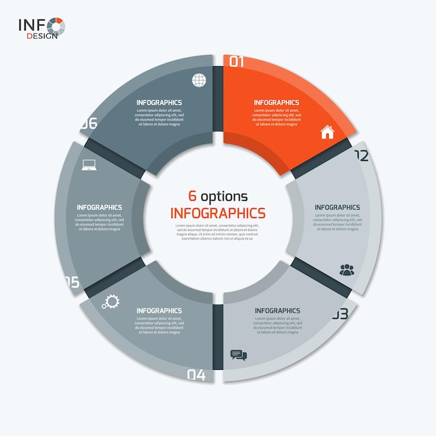 Vector circle chart infographic template with 6 options. The elements of this template can be easily adjusted; transformed; added/completed; deleted and the colour can be changed.