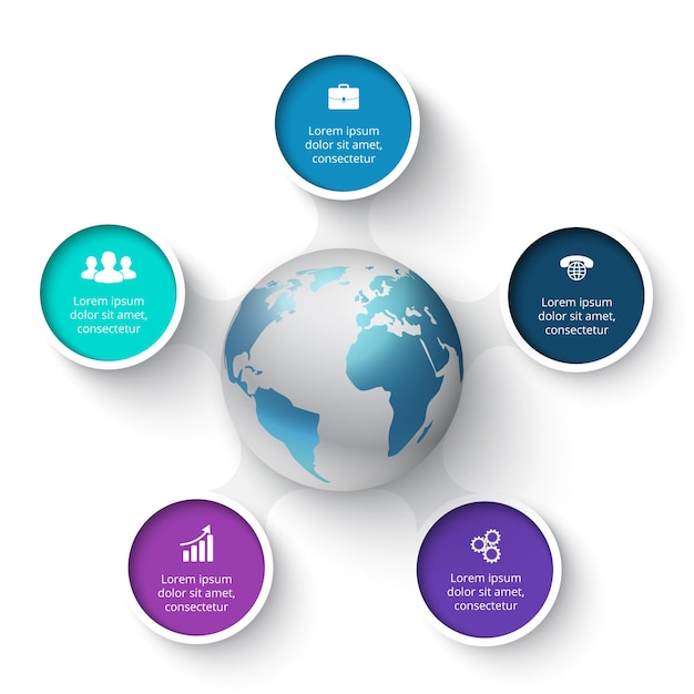 Vector circle elements with earth for infographic Template for cycle diagram with 5 options