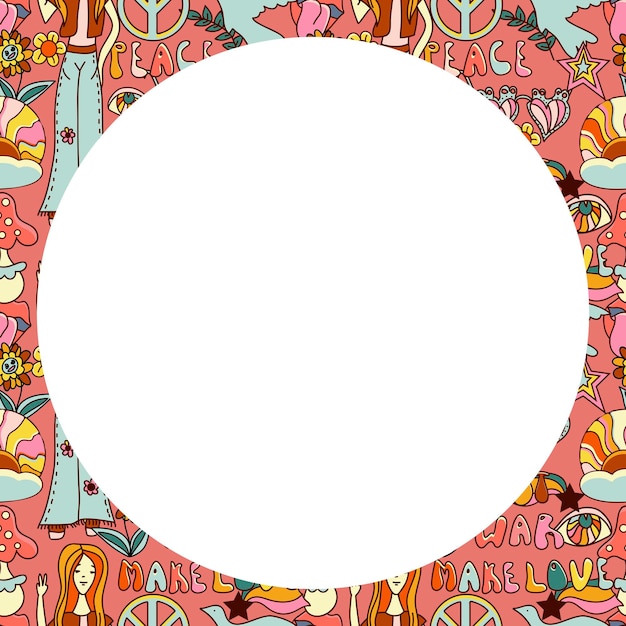 Vector circle frame Groovy retro background in 70s style