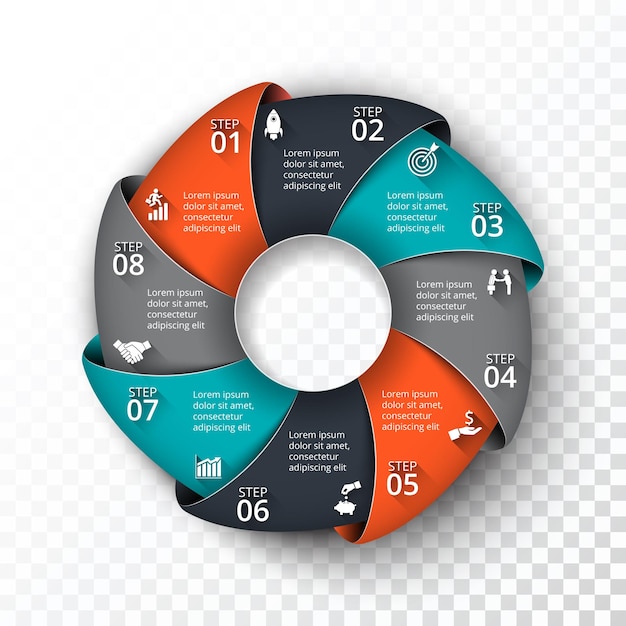 Modello di infografica cerchio vettoriale per diagramma ciclo con 8 opzioni