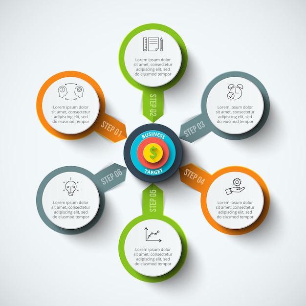 Vector circle infographic with target Business concept with 6 options parts steps or processes