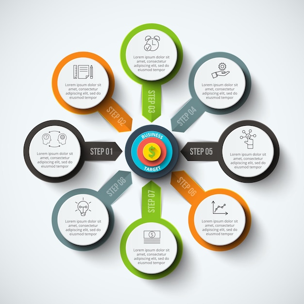 Инфографика векторного круга с целевой бизнес-концепцией с 8 вариантами шагов или процессов