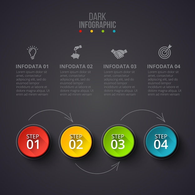 暗い背景の薄い線矢印のベクトル円のインフォグラフィック