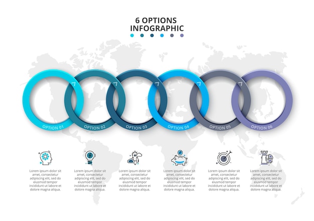 Vector cerchi infografica con mappa del mondo. presentazione con 6 passaggi, opzioni, parti o processi.