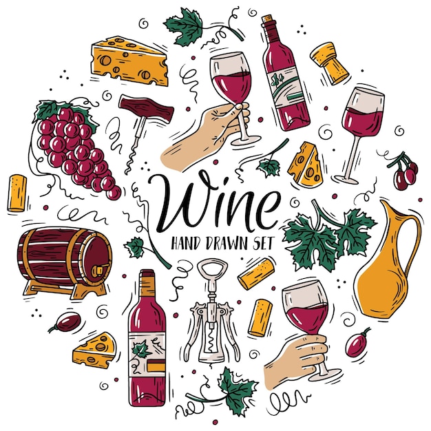 Vector circular color set with wine and cheese in Doodle sketch style