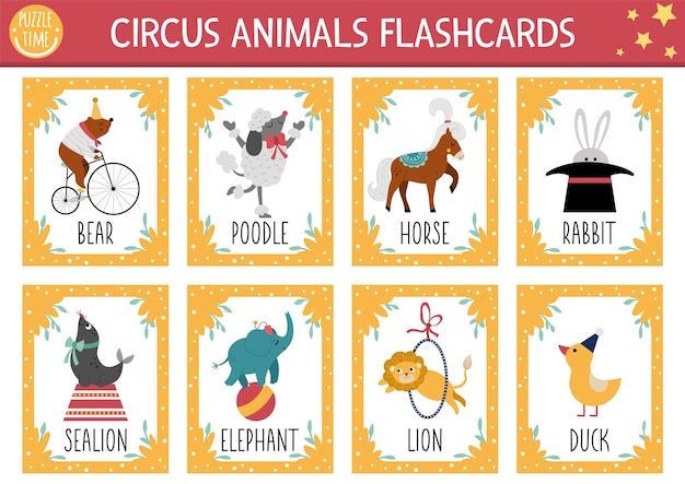 Vector circus animals flash cards set english language game with cute lion elephant bear for kids amusement show flashcards with stage performers simple educational printable worksheetxa