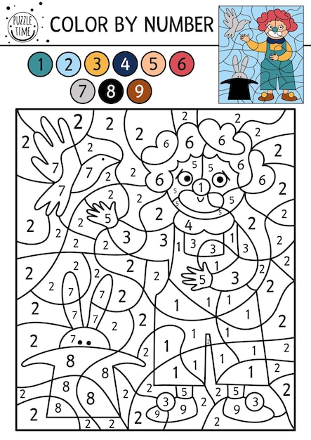 Vector circus color by number activity with clown dove and rabbit in hat Circus black and white counting game with cute stage performer Funny amusement show coloring page for kidsxA