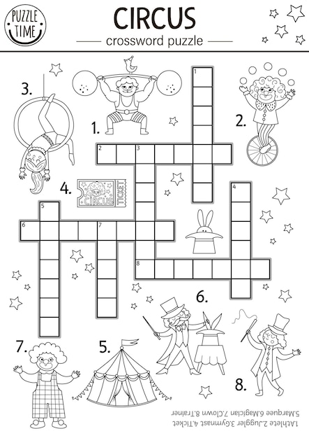 아이들을 위한 벡터 서커스 크로스워드 퍼즐 아이들을 위한 재미있는 공연자들과 간단한 흑백 놀이 쇼 퀴즈 광대 크로스 단어 색칠 페이지 xA가 있는 교육 라인 활동