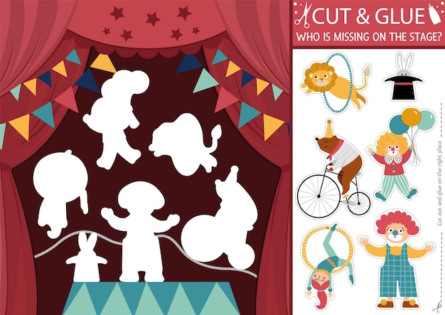 Vector circus cut and glue activity Amusement show crafting game Cute scene with clown and animal artists on the stage Find the right piece of the puzzle Complete the picture printable pagexA