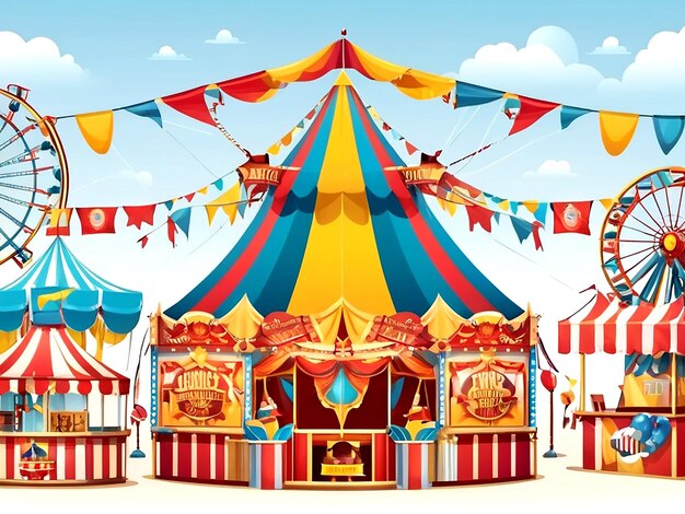 Vector vector circus event with tents ferris wheel rides games ticket booth pirate ship isolated