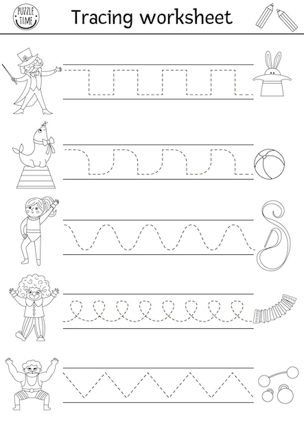 Vector circus handwriting practice worksheet Amusement show printable black and white activity for preschool children Tracing game for writing skills with magician clown gymnast athletexA