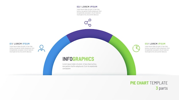 Vector cirkeldiagram infographic sjabloon in de vorm van een halve cirkel gedeeld door drie delen